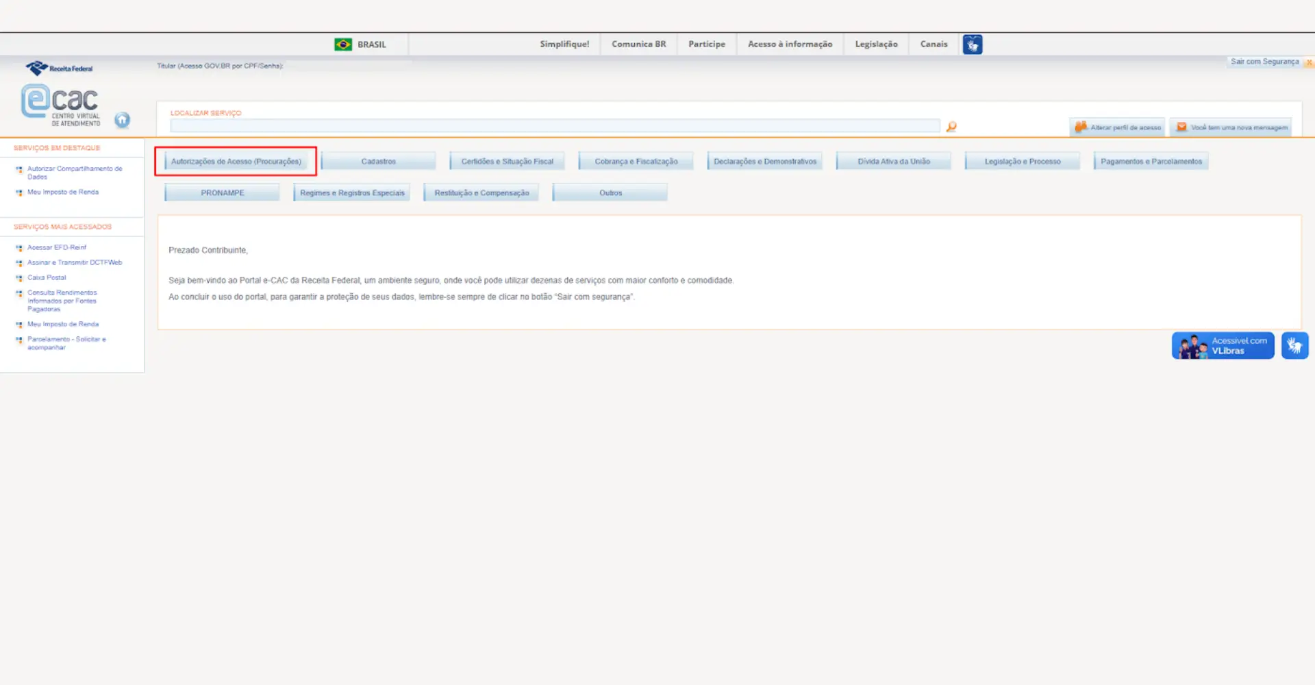 Menu de autorizações de acesso