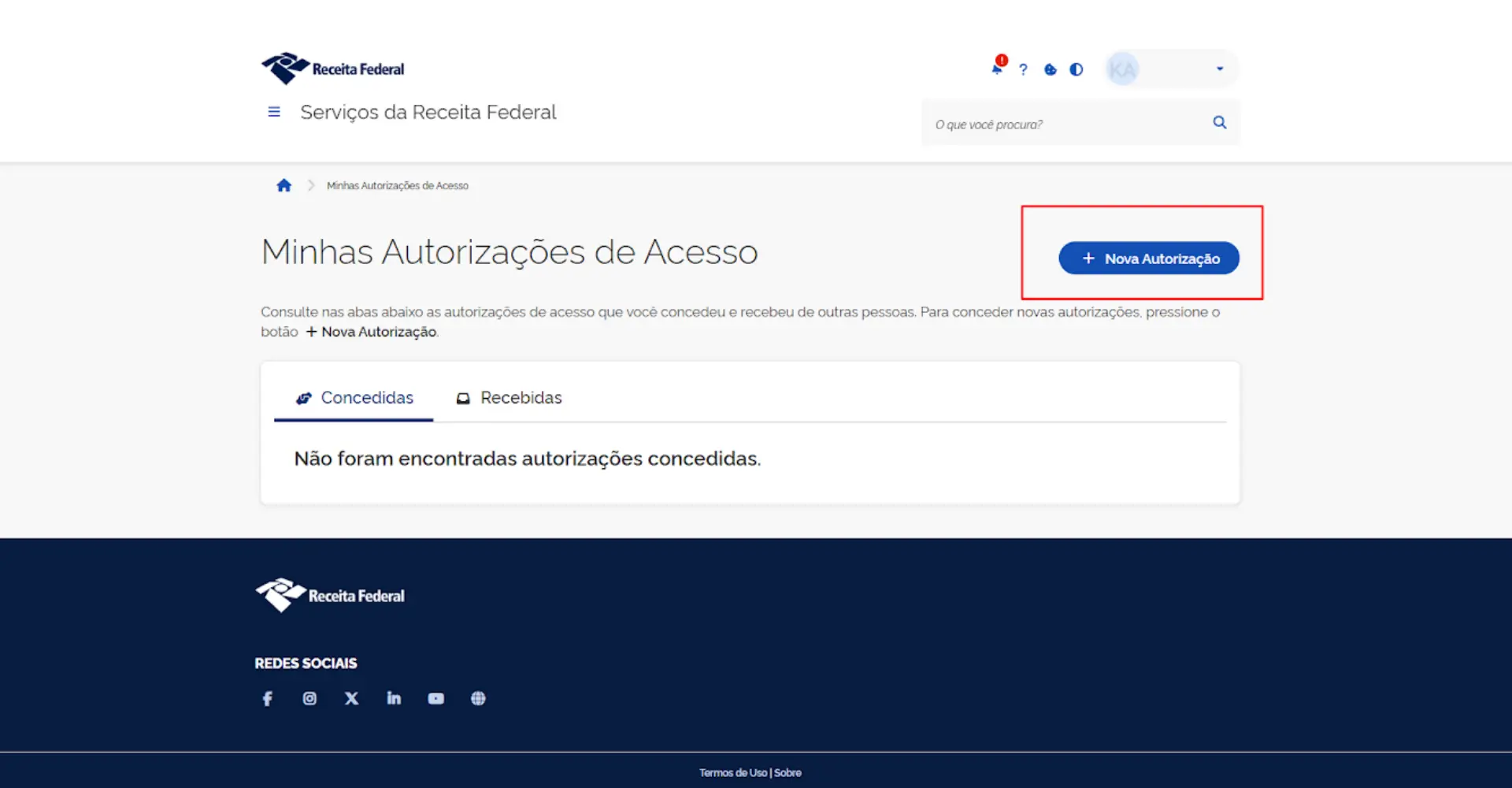 Botão + Nova Autorização