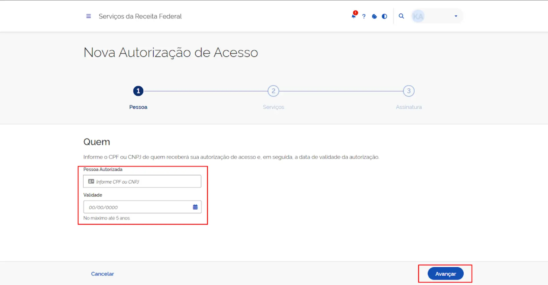 Formulário de dados do autorizado